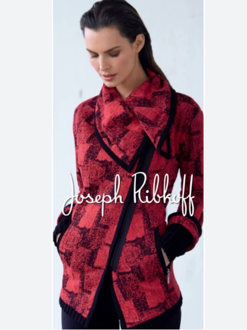Joseph Ribkoff geometric print asymmetrical full zip cowl neck cardigan red 16